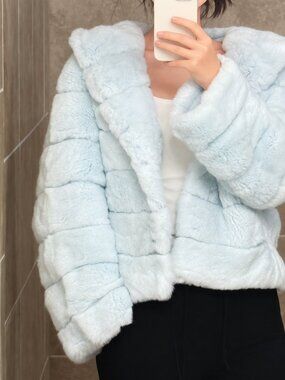 NWT Genuine Rex Rabbit Fur Hooded Jacket - Icy Blue